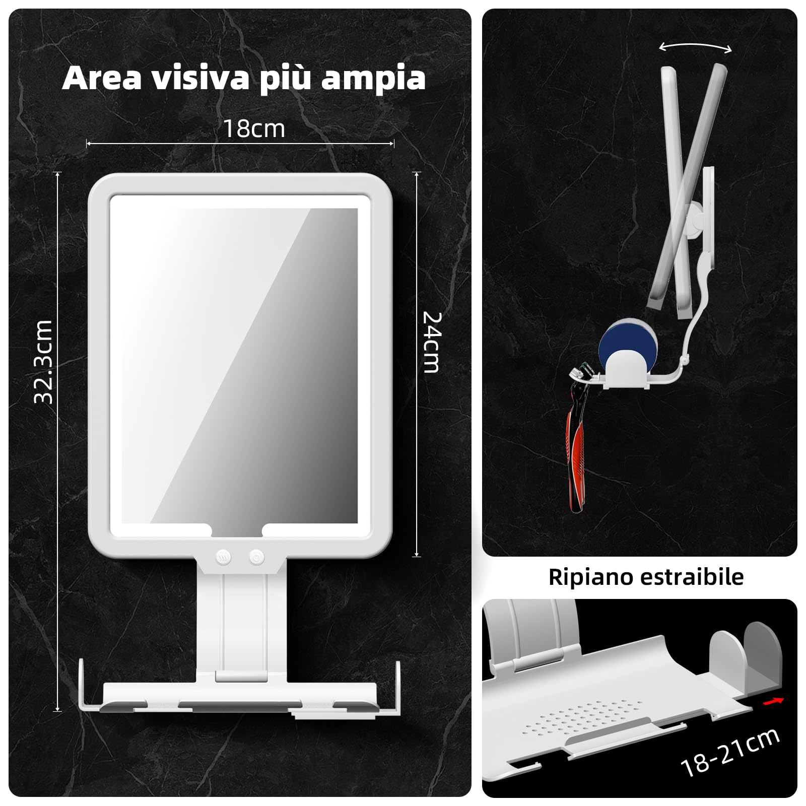 Specchio Riscaldato Luce Specchio Da Doccia Antiappannante Con Luce - 23x17. 5cm, Riscaldato, Dimmerabile, Con Vassoio Specchio Barba Led - 7