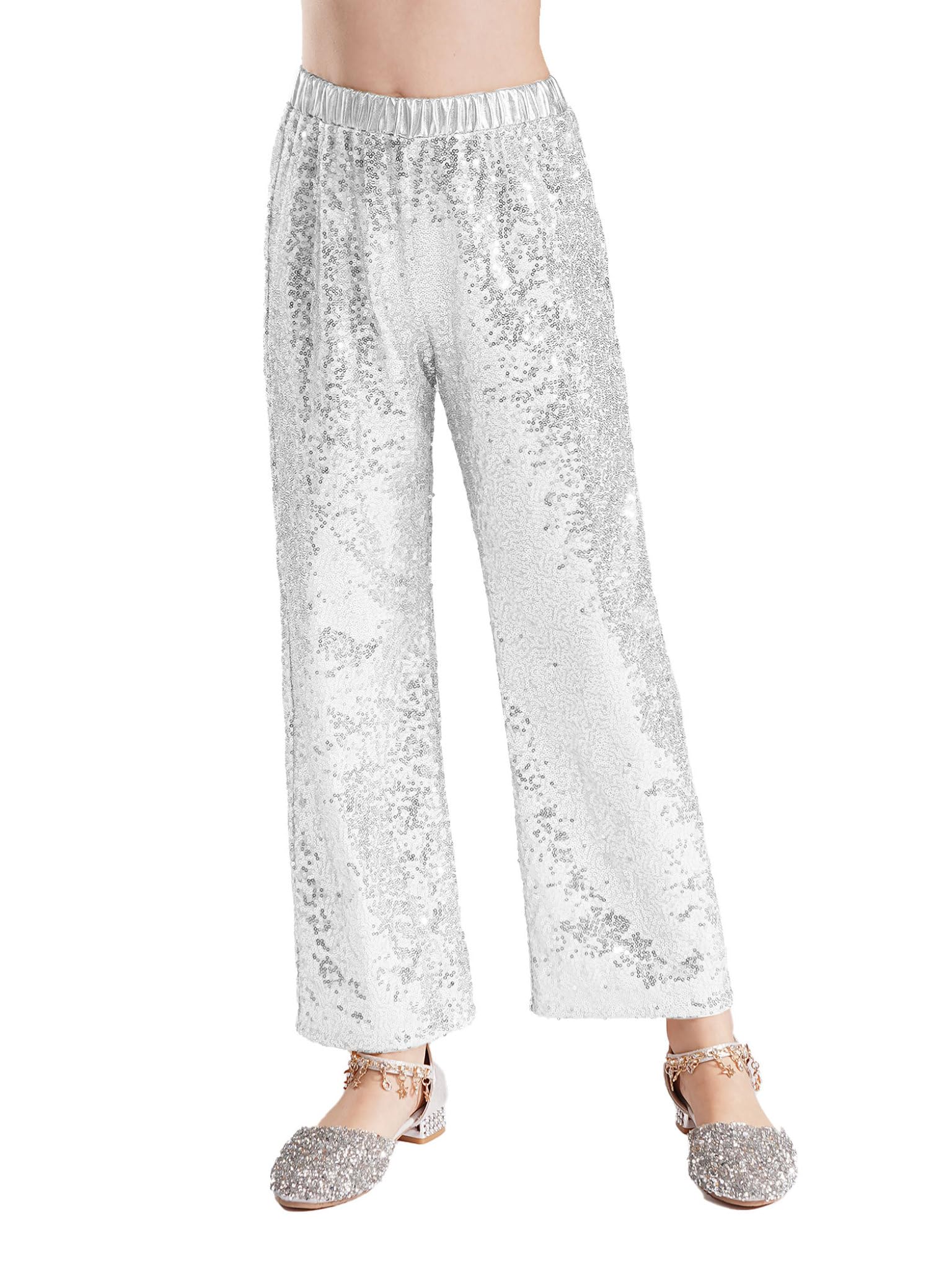 Runhomal Enfant Garçon Fille Pantalon de Danse Jazz Paillettes Brillants Pantalon Patte d'Elephant Costume Danse Latine Tango Hip-Hop 5-16 Ans