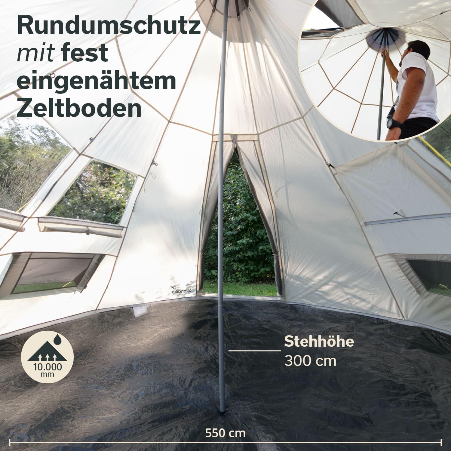 Skandika Tipi 10 Protect Tienda de campaña Tipo Tipi para 10 Personas | Impermeable, Suelo de Tienda Cosido, mosquitera, más de 2,5 m de Altura, 3000 mm de Columna de Agua