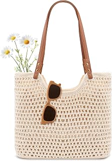 Peicees Boho Crochet Beach Tote Bag - Woven Shoulder Purse with Leak-Proof Lining, Zipper Closure for Summer Travel & Vacations