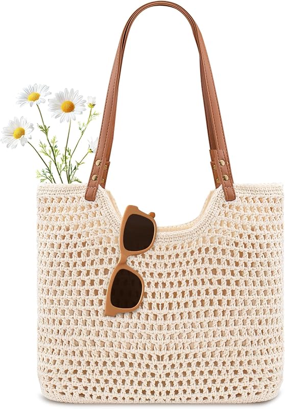 Peicees Bolso de Playa de Ganchillo, Bolso Tejido Boho con Forro a Prueba de Fugas para Vacaciones de Verano, Viajes, Bolso de Hombro Informal Suave