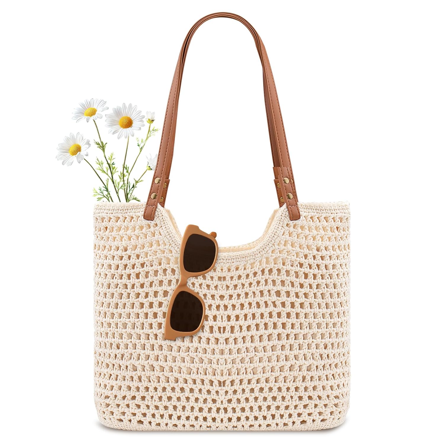 Peicees Crochet Beach Bag Purse Boho Woven Tote with Leak-Proof Lining For Summer Vacation Travel Casual Shoulder Bag