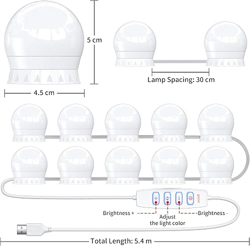 daphomeu USB Luci per Specchio da Trucco, 10 Lampadine Dimmerabili, Luci da Specchio Hollywood con 3 Modalità Colore, Make Up Luce a LED per Trucco Cosmetico Bagno - 2