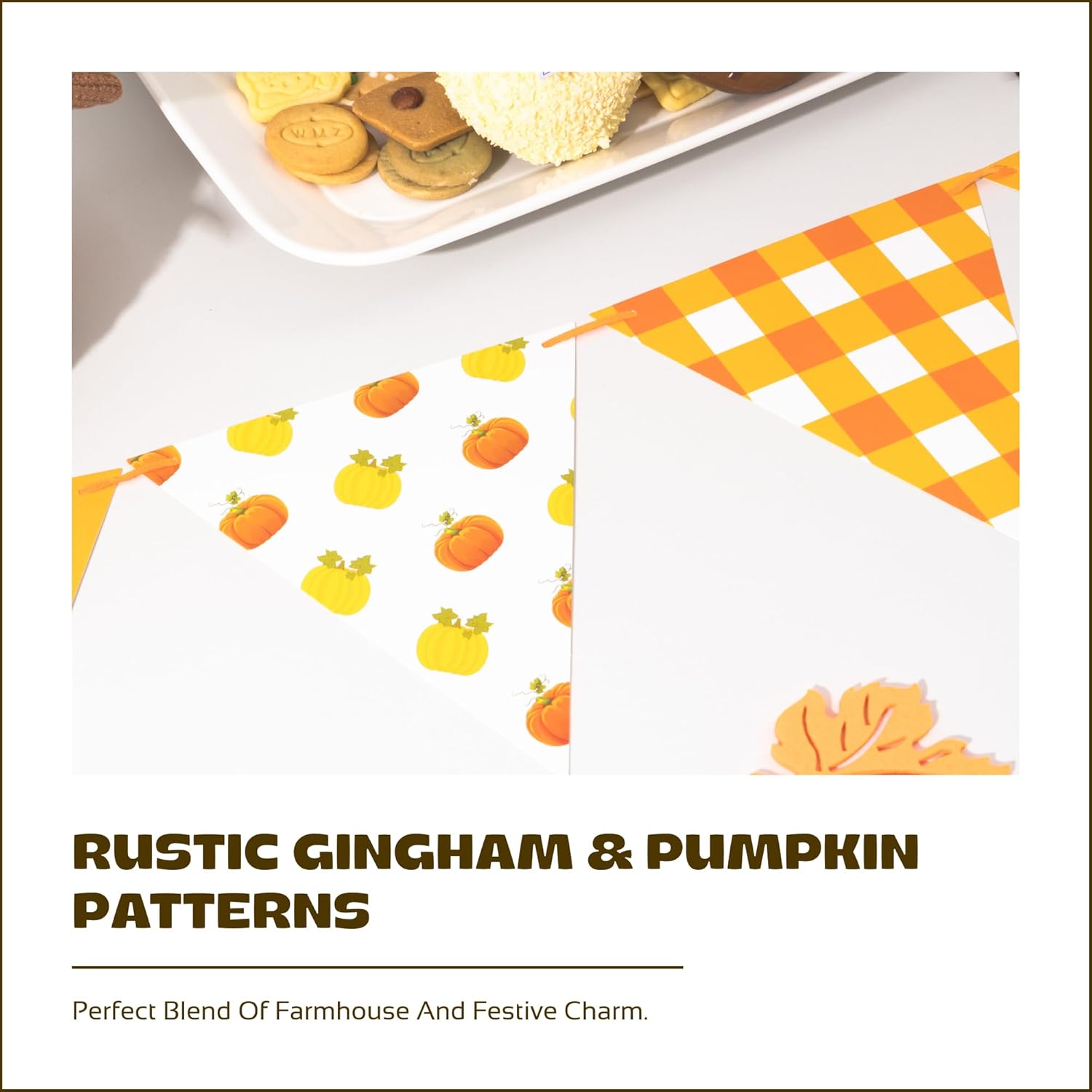 Fall Banner Garland – Autumn Triangle Flag Bunting with Plaid, Pumpkin & Maple Leaf Designs – Cardstock Thanksgiving Decorations for Fall Birthday, Harvest & Party Supplies