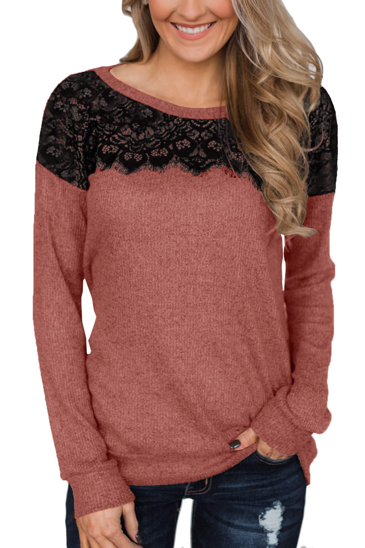 For G and PL Women's Black Lace Top Long Sleeve Elegant Sweatshirt