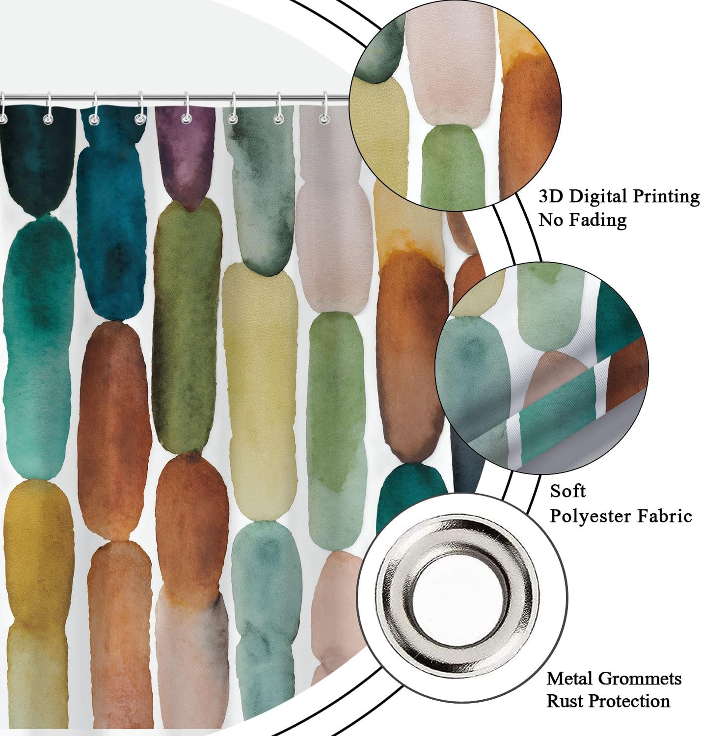 Modern Oval Shower Curtain, Watercolor Abstract Artistic Stripes Shower Curtains for Bathroom, Unique Pattern Olive Green Teal Yellow Brown Blue Decor Fabric Shower Curtain Sets 12 Hooks 72X72 IN