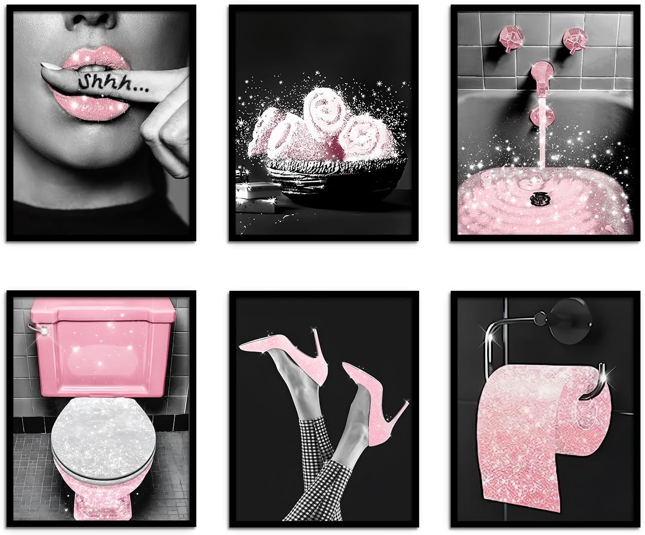 Jiovbiol Set of 6 Pink Fashion Bathroom Wall Art Prints