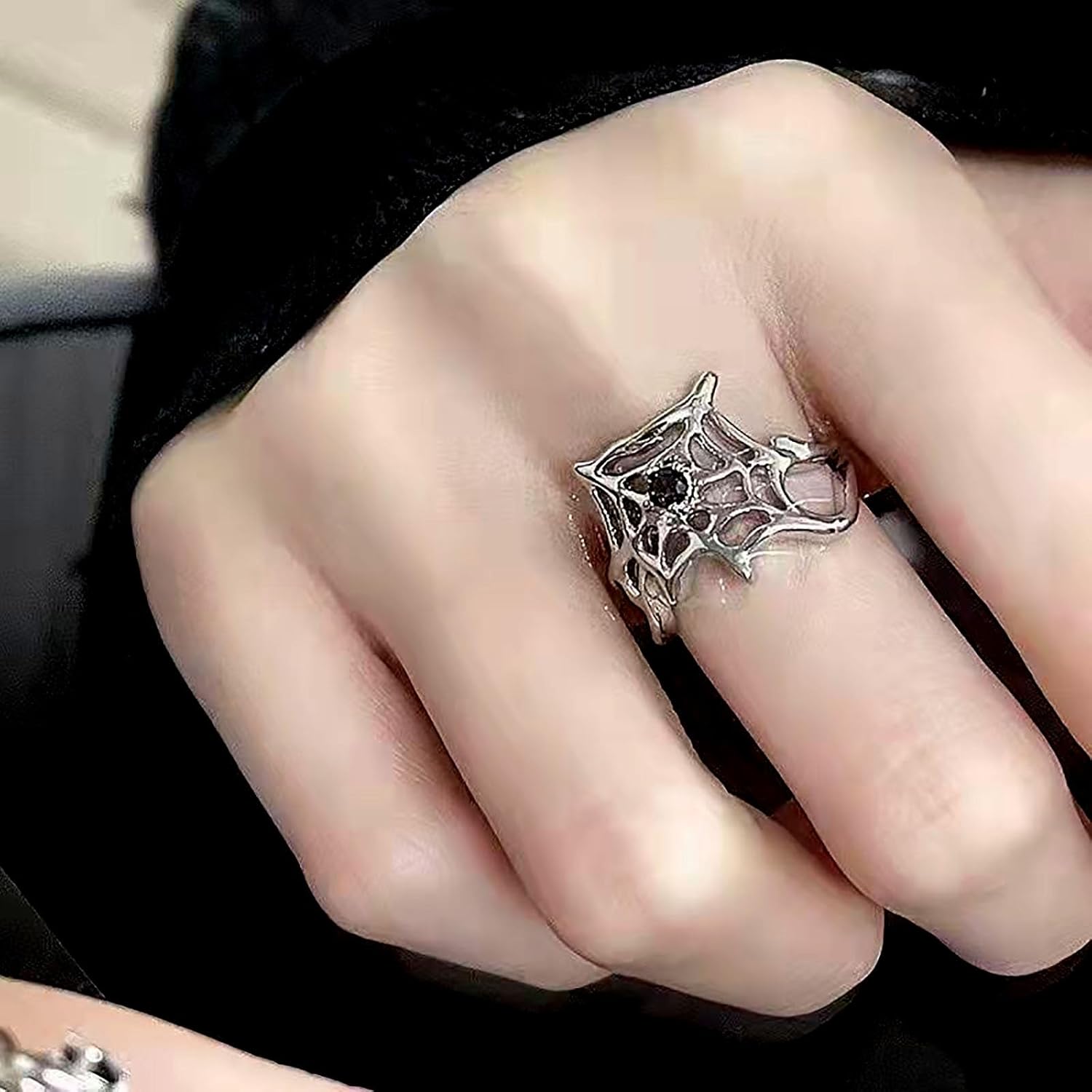 Gothic Spider Web Ring Spider Web Knuckle Ring Silver Spider Web Stacking Ring Cool Finger Ring Scary Open Ring Halloween Adjustable Ring Hip Hop Cosplay Ring Jewelry for Women - Image 2