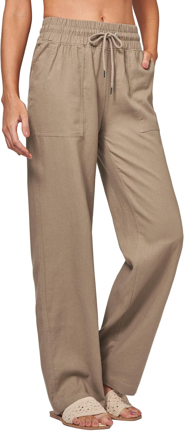 Women Linen Pants Wide Leg Palazzo Pants Linen Drawstring Pants with Pockets 31" - Image 4