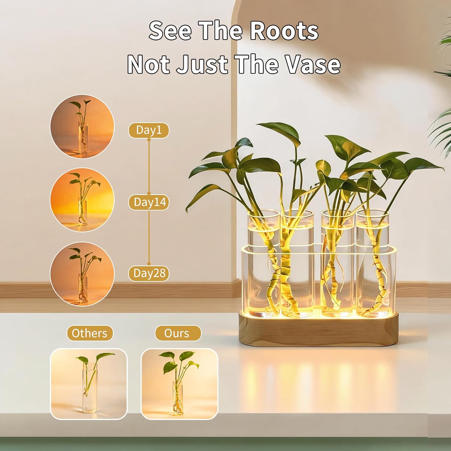 Plant Propagation Station with LED Lights, Wooden Stand, 4 Glass Test Tubes for Hydroponic Plants, 3 Lighting Modes 9 Brightness, Unique Gift for Plant Lovers - Image 3
