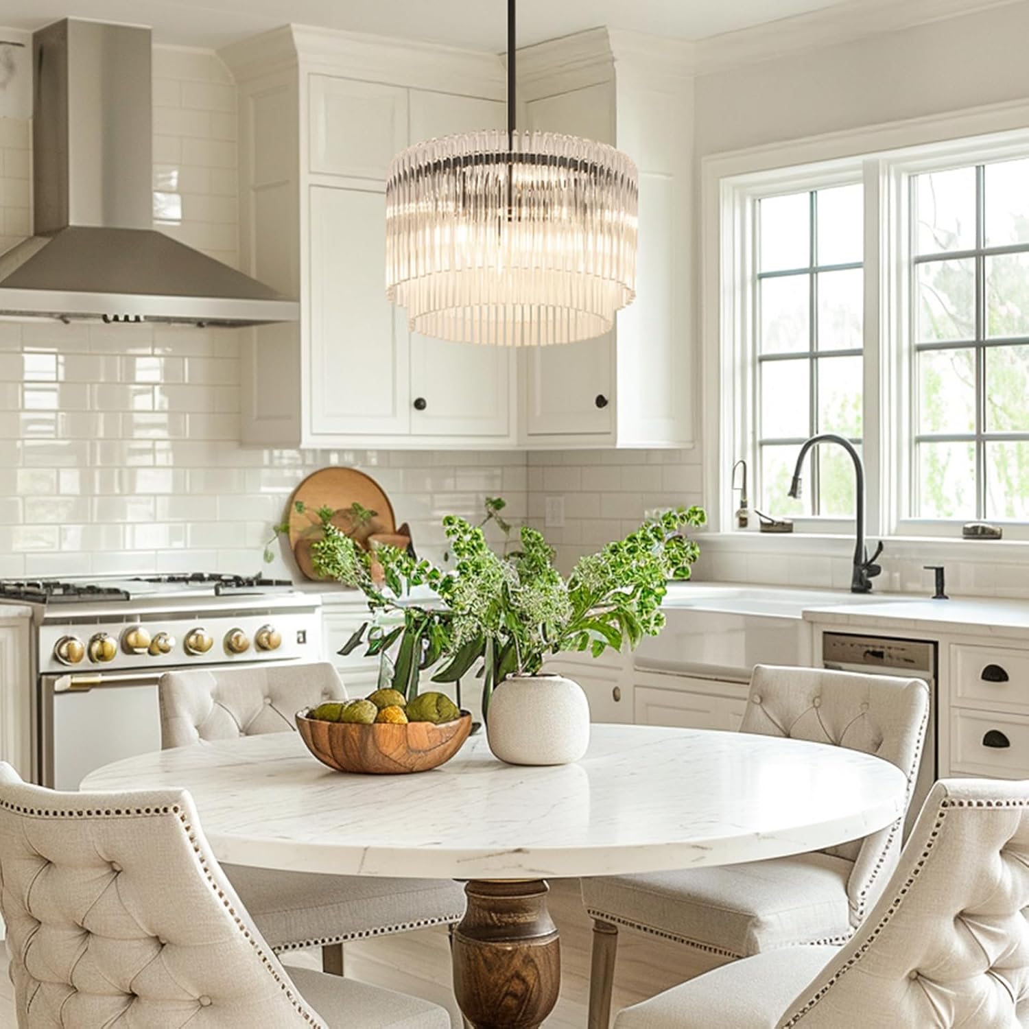 15.44" Drum Chandeliers Dining Room Black Modern Round Glass Brushed Nickel Chandelier 6-Lights with Crystals for Living Room Kitchen Island Entryway Foyer Stairway Light Fixture