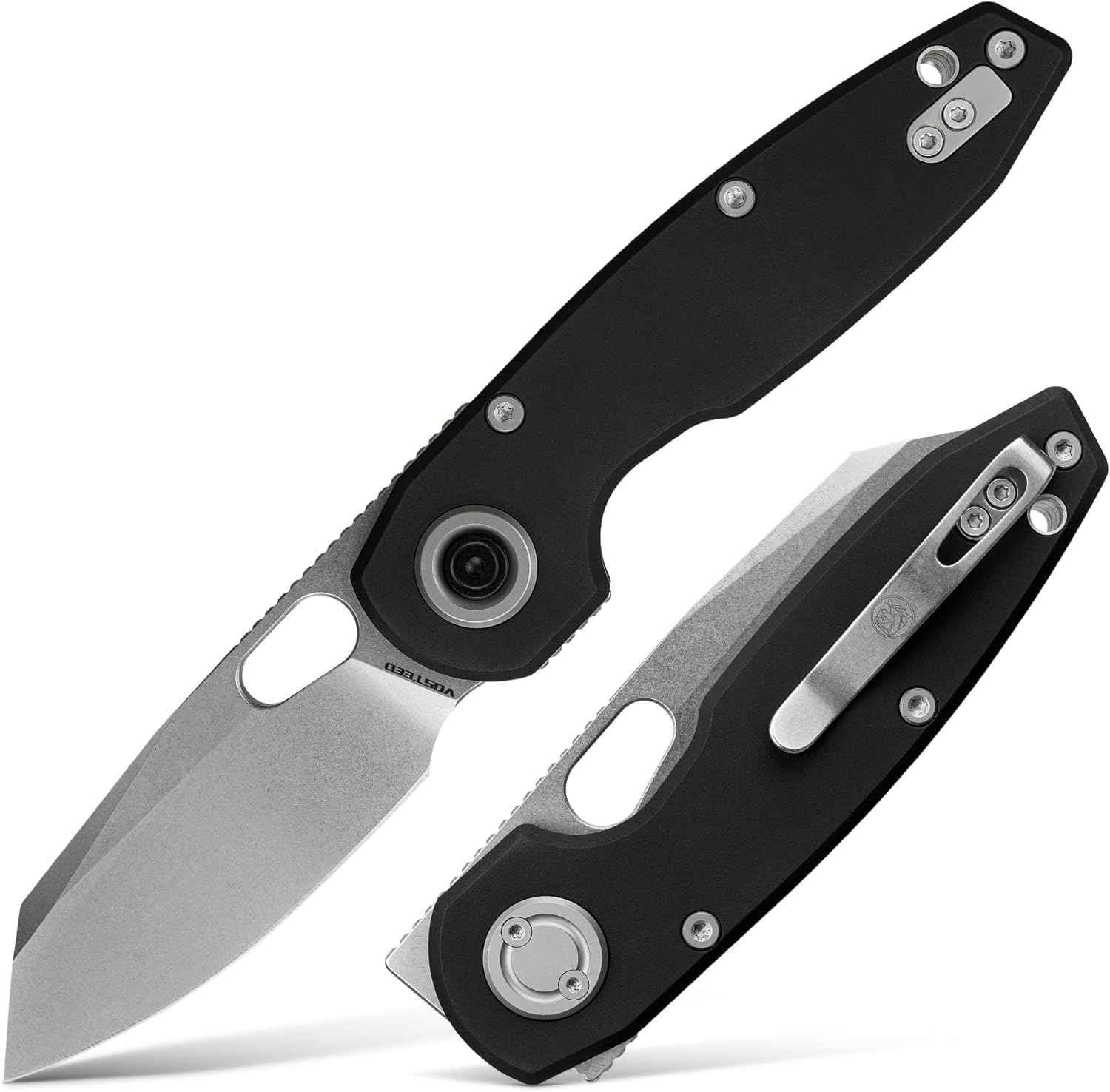 Vosteed Ankylo EDC Pocket Knife - 3.18" 154CM Stonewash Blade, Reverse Tanto - Vanchor Lock, Black Aluminum Handle - Camping, Hiking Knives - A1908