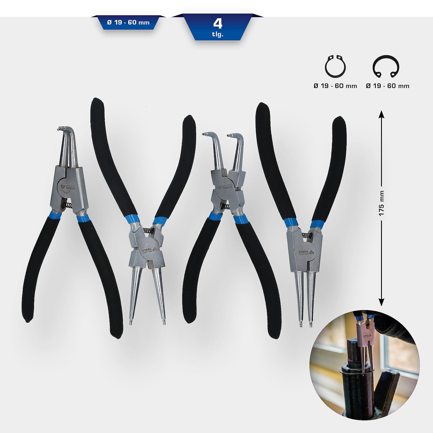 BRILLIANT TOOLS BT067000 Juego de alicates para circlips, 4 pzs, 175 mm [Powered by KS TOOLS]