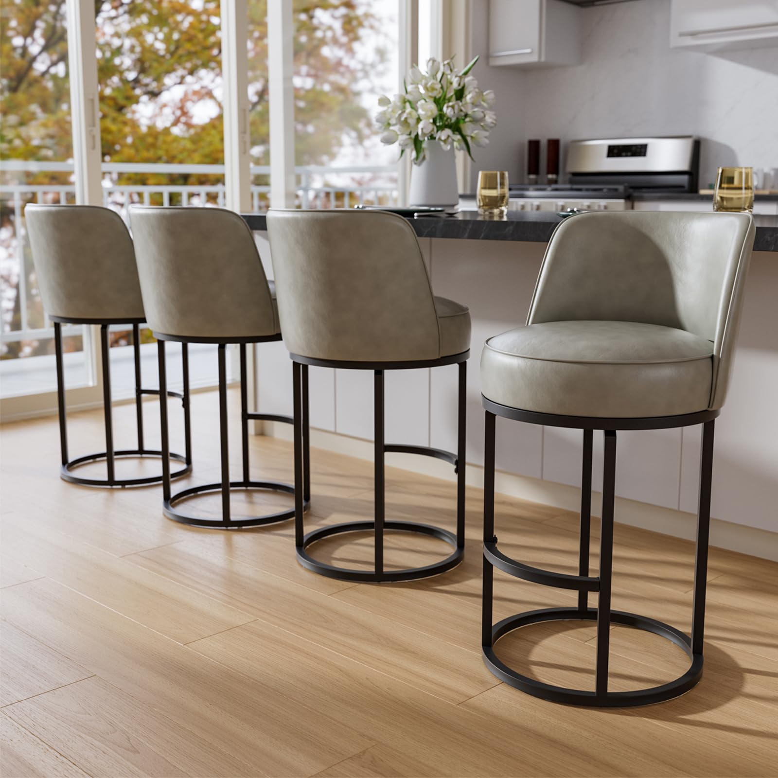 Bar Stools Set of 4, 26" Counter Height Bar Stools, Swivel Leather Barstools with Backs, Round Base, Footrest, Metal Legs for Kitchen Island, Grey