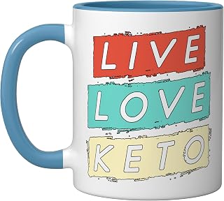 Live Love Keto Retro Weight Loss Healthy Food Ketogenic Diet Ceramic Mug, Blue/White