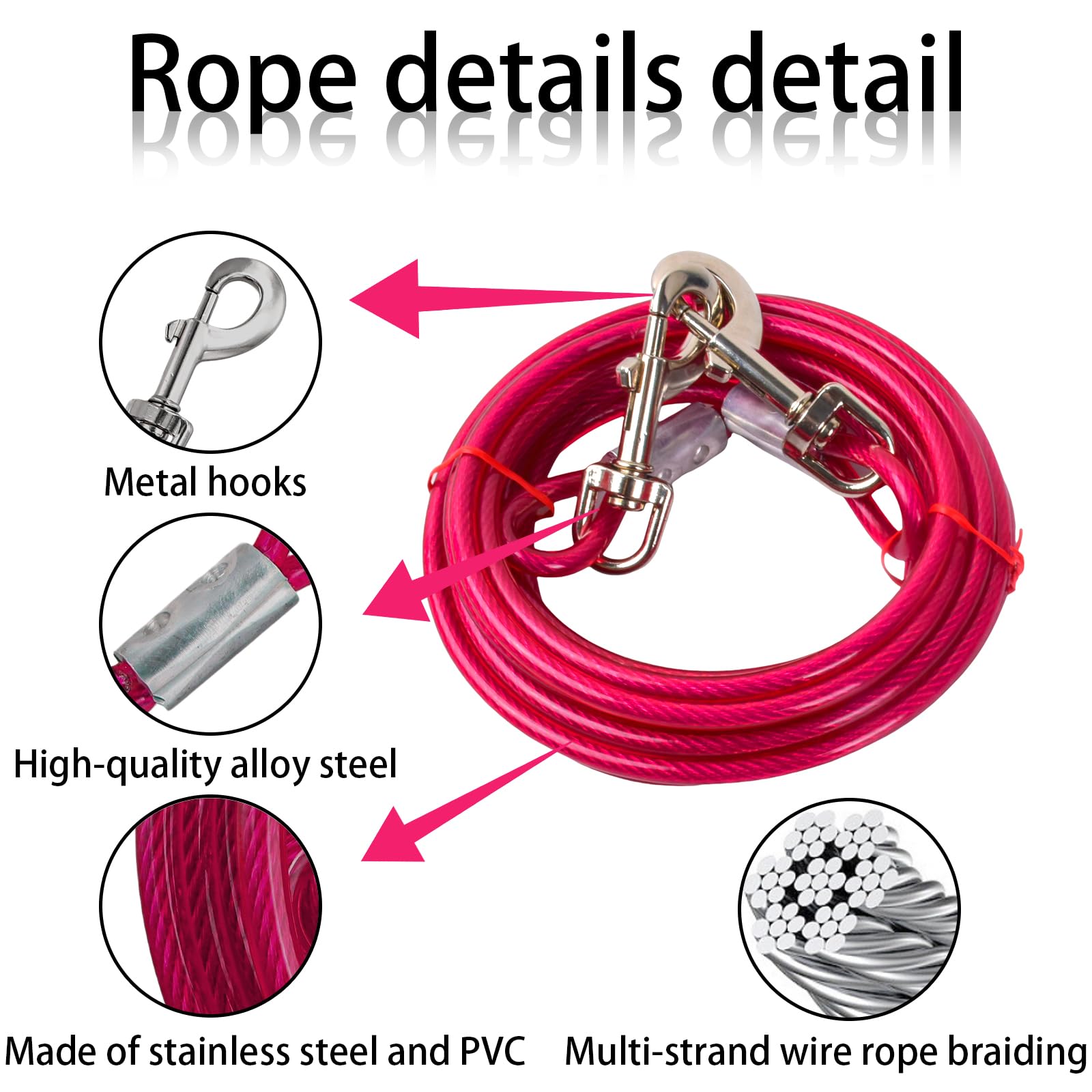 3 m Laisse pour Chien avec 42 cm Ancrage au Sol, 6 mm Câble d'attache Chiens Petite Medium Grande avec Crochet Pivotant, Jusqu'à 250 kg, PVC Coated, Anti-Morsure, Chaîne Chien Extérieur (3m Rose)