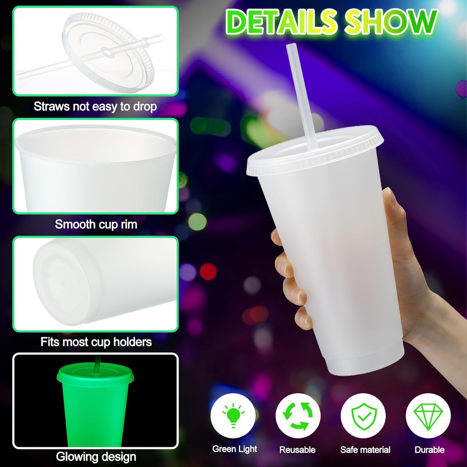 Honeydak 60 Pack 24 oz Glow in The Dark Cups Gift Bulk Light up Neon Plastic Tumbler with Straw and Lid Glow in The Dark Party Supplies Water Bottle Iced Coffee Mug Reusable(Fluorescent Green) - Image 2