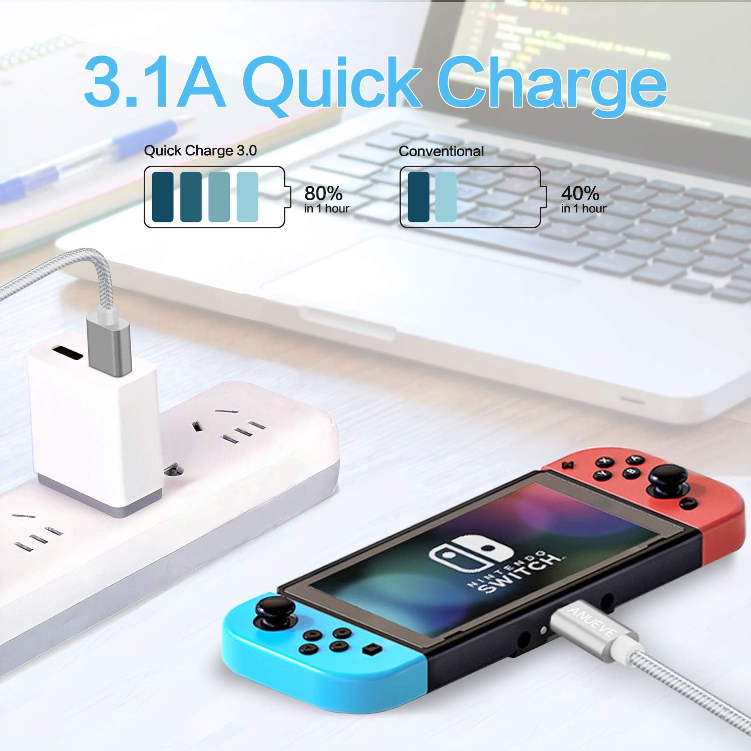 USB Type C Cable Fast Charging, ANUEVE USB C to USB A Cable Short (1ft/2Pack), Nylon Braided Charger Cable Compatible for Samsung Galaxy Note 9, S8,S9, S10,MacBook, Sony XZ, LG V20, HTC 10 and More
