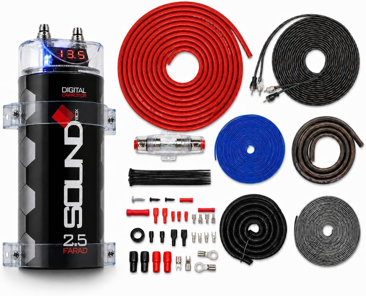 SoundBox 4 Gauge Amp Kit Amplifier Install Wiring & 2.5 Farad Digital Capacitor, 2300W Peak