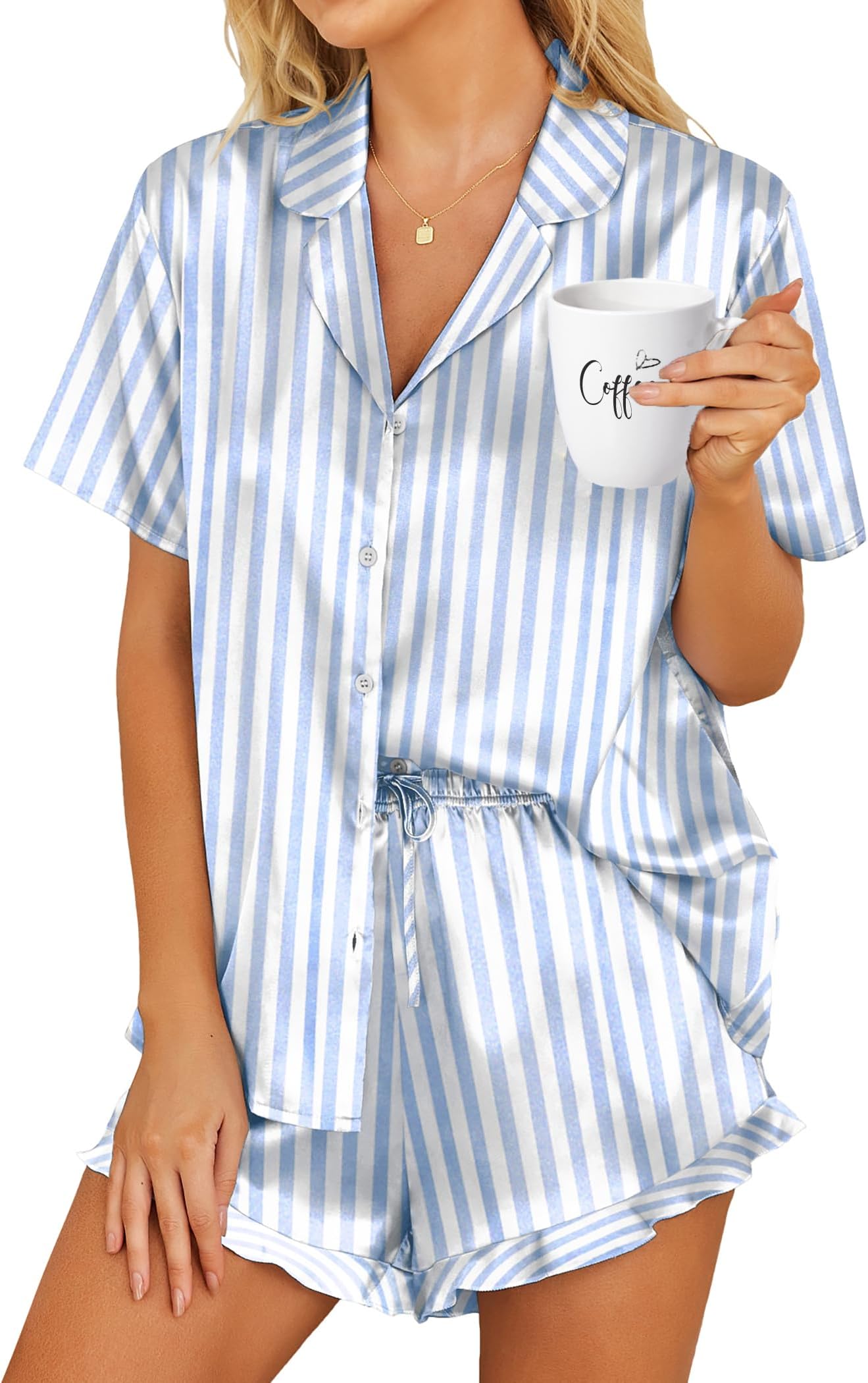 Womens Satin Pajamas Set Button Down 2 Piece Silk Pjs Shorts Set Ruffle Lingerie Notch Collar Sleepwear