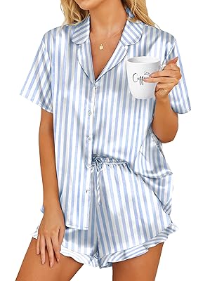 HOTOUCH Womens Satin Pajamas Set Button Down 2 Piece Silk Pjs Shorts Set Ruffle Lingerie Notch Collar Sleepwear