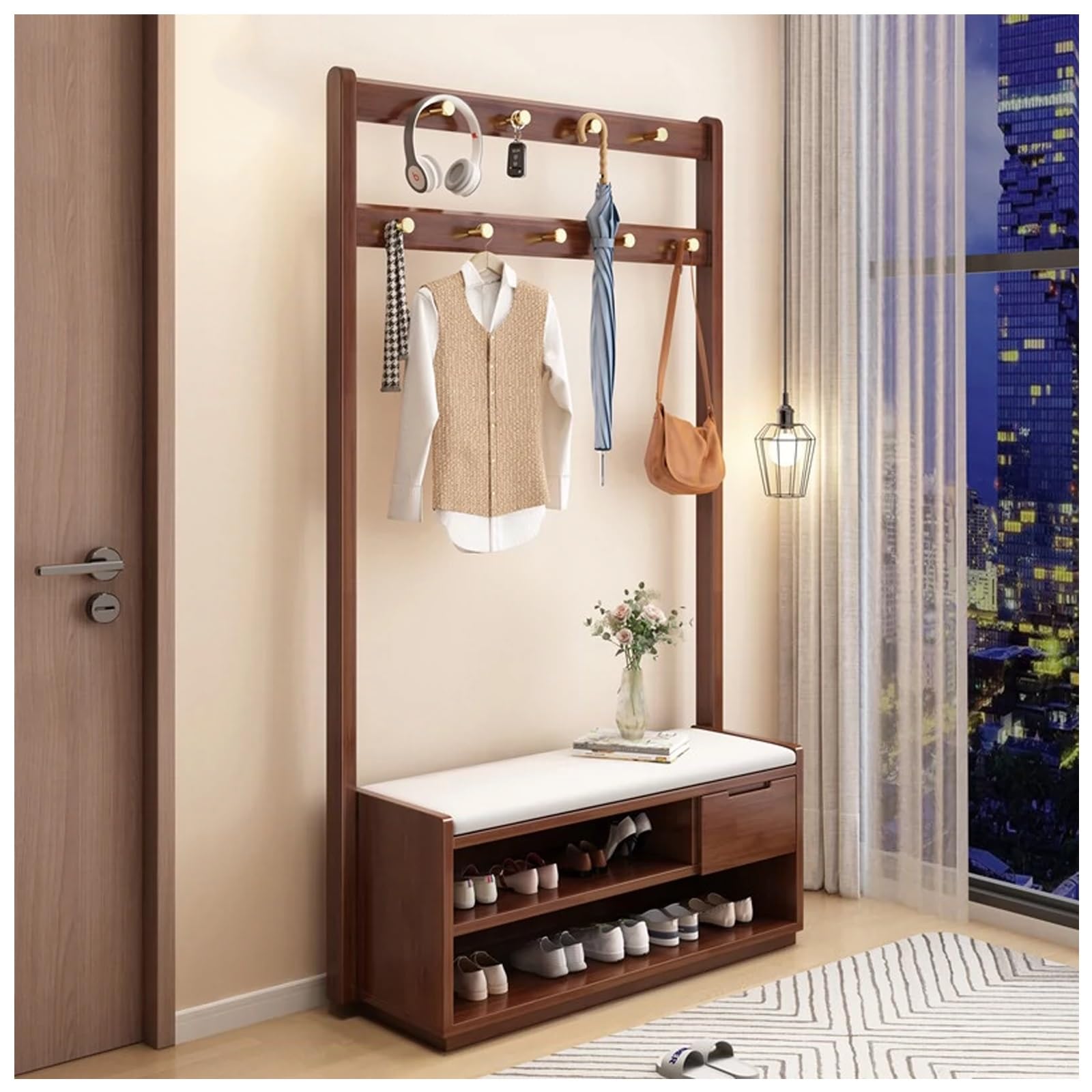 FGXHHS Hall Tree with Bench, Entryway Bench Coat Rack, Mud Room Double Hooks and Storage Tree, Shoe Rack Organizer, for Foyer, Front Door(A,L100*W33CM/L39.3*W12.9IN)