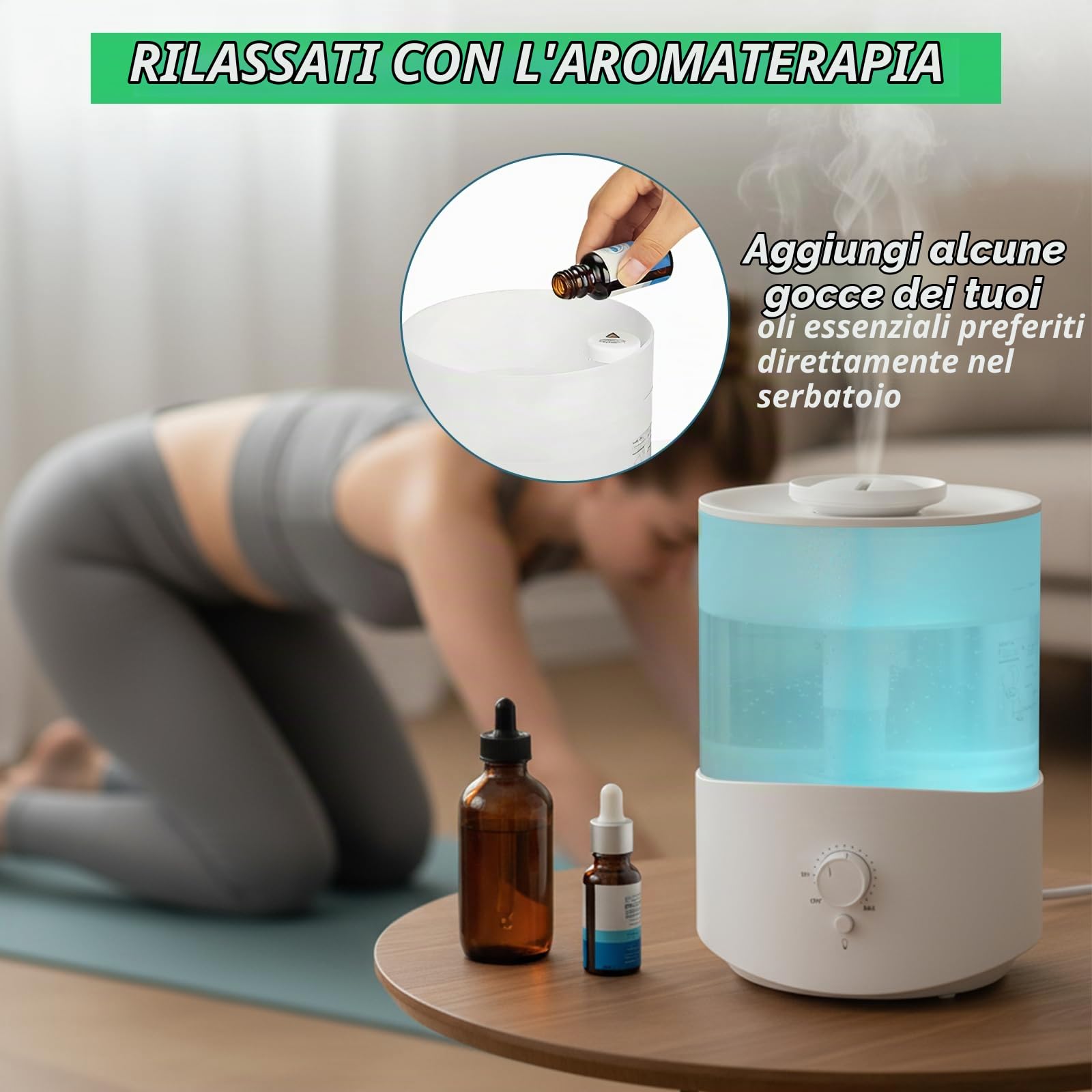 Cozary 2,5L Umidificatore Ambiente, Top Fill, 28H Diffusore di Oli Essenziali, Spegnimento Automatico, 23 dB Silenzioso, con Luce a 7 Colori, Ugello a 360°, per Camera da Letto, Cameretta, Piante