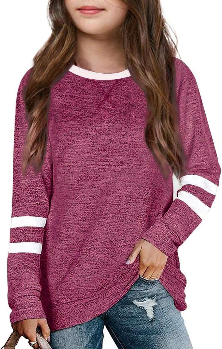 Girls Crewneck Sweatshirt Casual Loose Fitting Tops Long Sleeve Raglan T Shirt Wine Red 13-14 Years