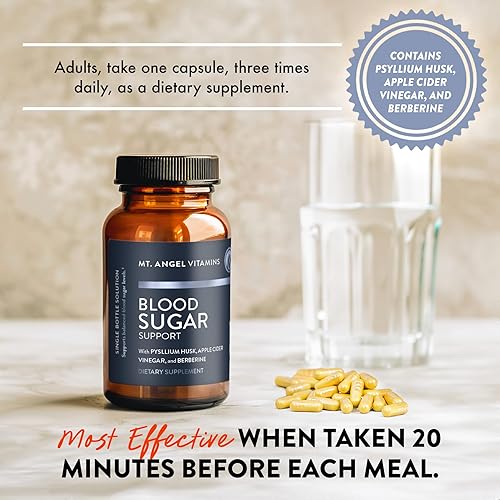 Miniatura 8 de Mt. Angel Vitamins Suplemento de apoyo para el azúcar en la sangre, suplemento natural con cáscara de Pysllium, berberina con canela de Ceilán y