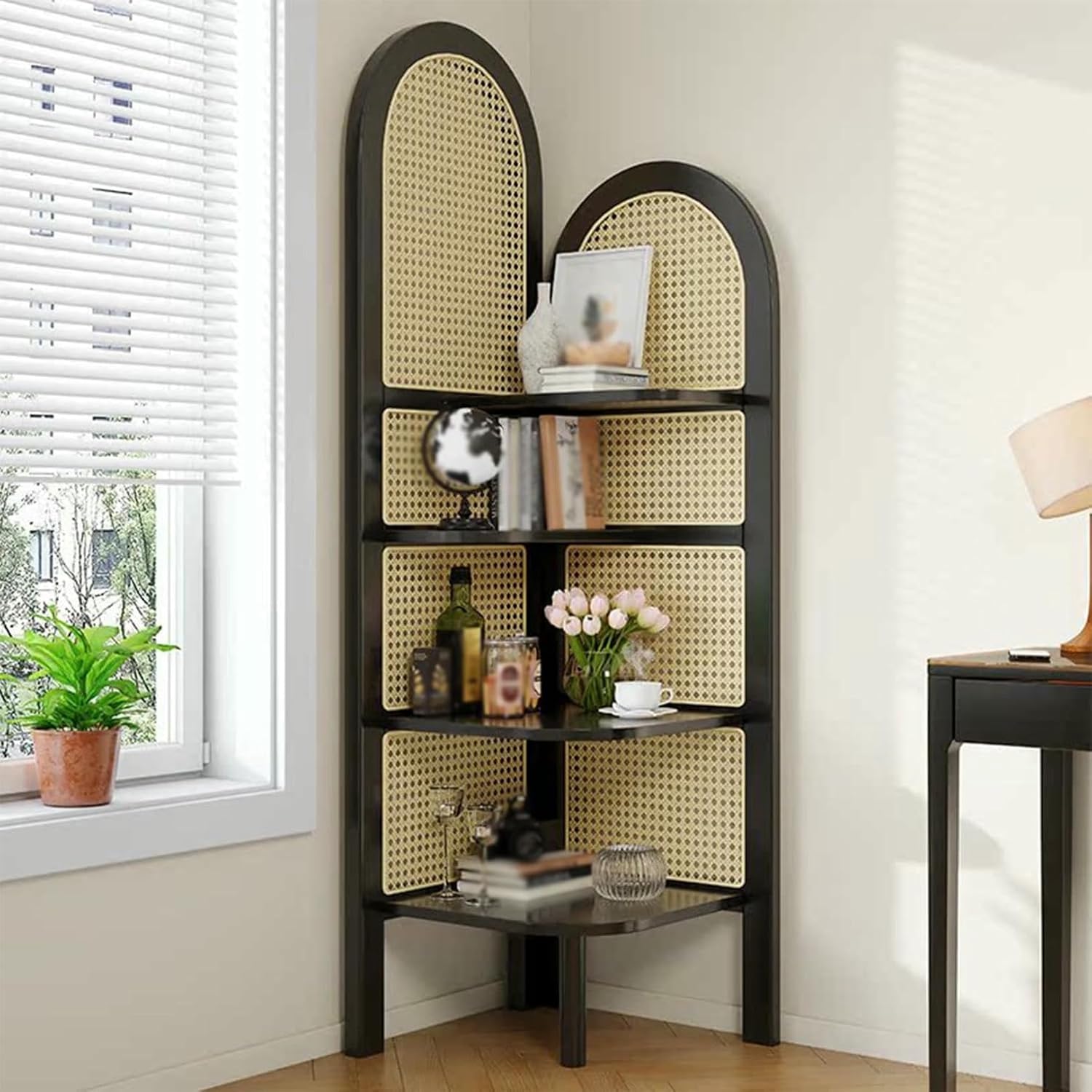 4-Tier Freestanding Rattan Corner Shelf - Multi-Tier Bookshelf & Organizer with Rounded Corners for Living Room, Heightened Leg Design