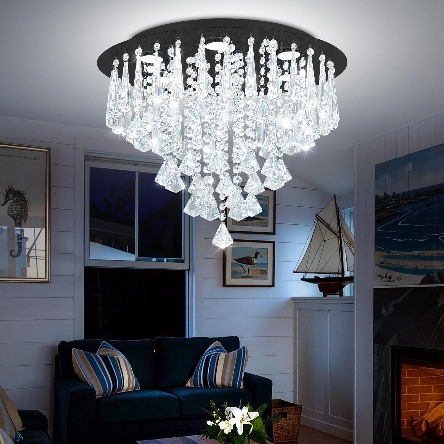 Black 20 inch Flush Mount Crystal Chandeliers, Modern Elegant LED Crystal Raindrop Ceiling Light for Living Room Kitchen Island Bedroom Entryway Foyer Dimmable with Remote and APP,