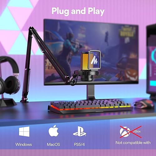 Miniatura 6 de MAONO Micrófono USB para juegos, micrófono condensador con cancelación de ruido con silencio, ganancia, monitoreo, micrófono de brazo para