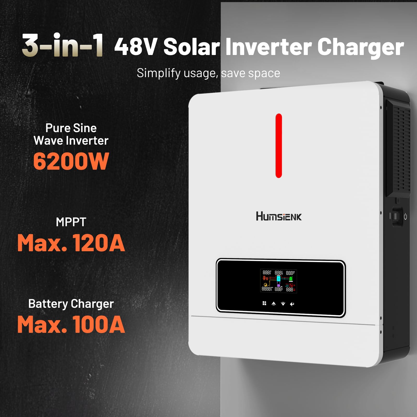 Humsienk Inversor Solar Hibrido 48v 6200w, Inversor Híbrido Onda Sinusoidal Pura, 48V CC a 220V/230V CA con 120A MPPT Controlador de Carga Solar y Sistema de Protección BMS para Casa, RV, Camion