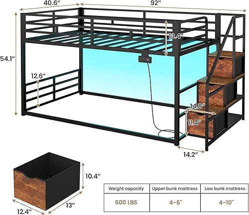 Miniatura 2 de Litera baja individual sobre individual con escalera de almacenamiento, cajones y estantes, luces LED RGB integradas, estación de carga, barandilla