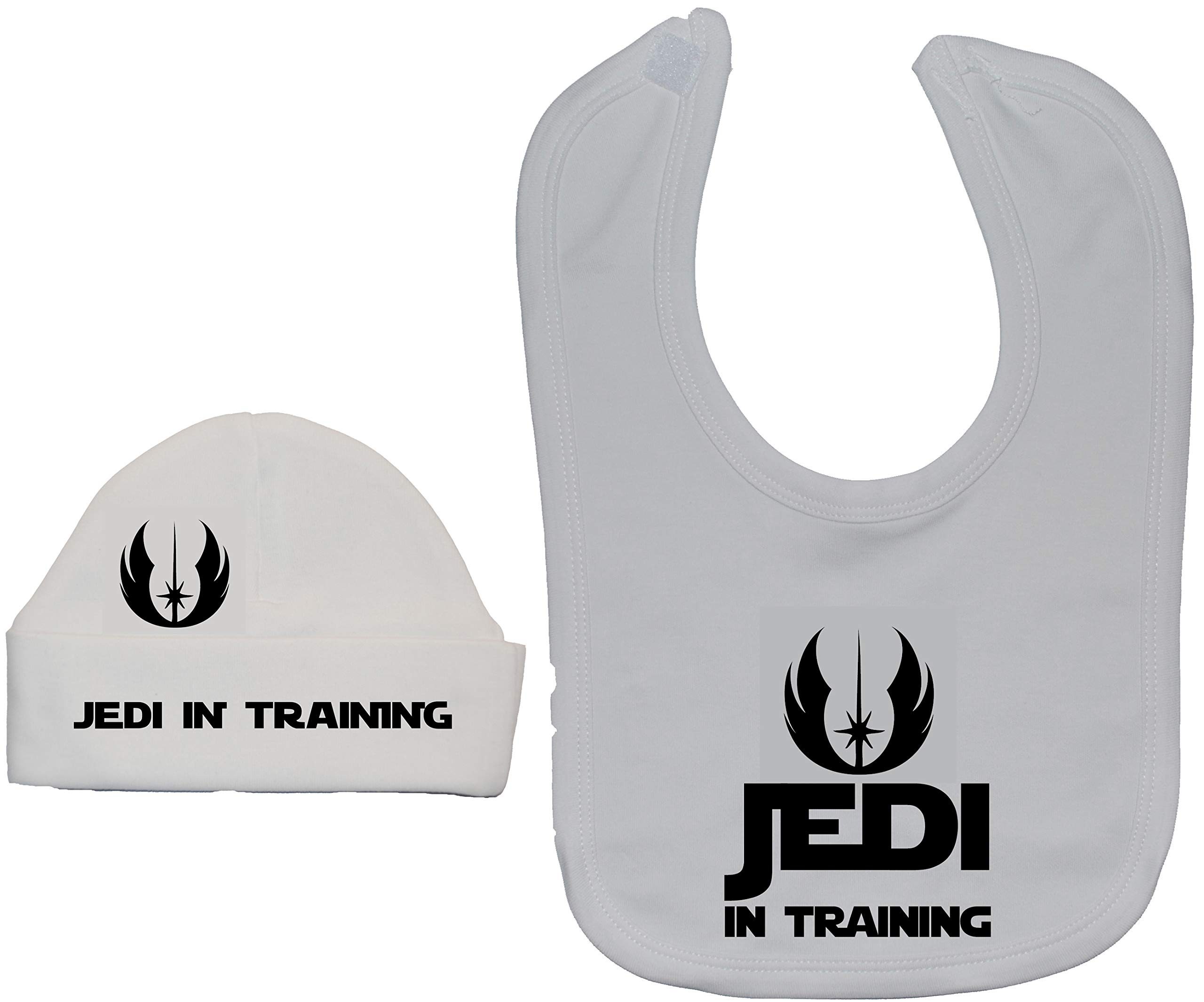 Jedi in Training Baby Feeding Bib & Beanie Hat/Cap - 0-3 Months - White