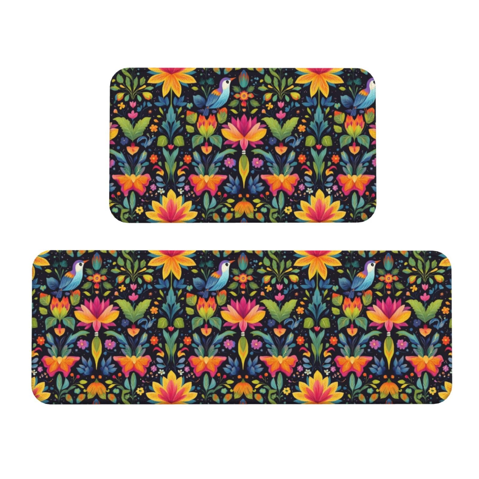GVYGVY Antifatigue Kitchen Mats for Floor 2 Piece - Colorful Pattern Bird Print Kitchen Rugs Washable, Non Slip Runner Rug Standing Mat for Office/Bathroom/Laundry/Home Decor and Accessories