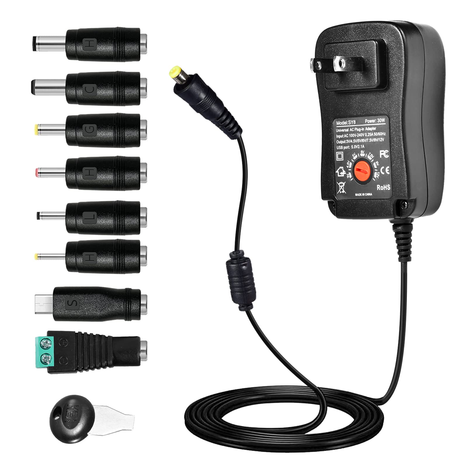 30W Universal Power Adapter, 3V 4.5V 5V 6V 7.5V 9V 12V Universal AC/DC ...