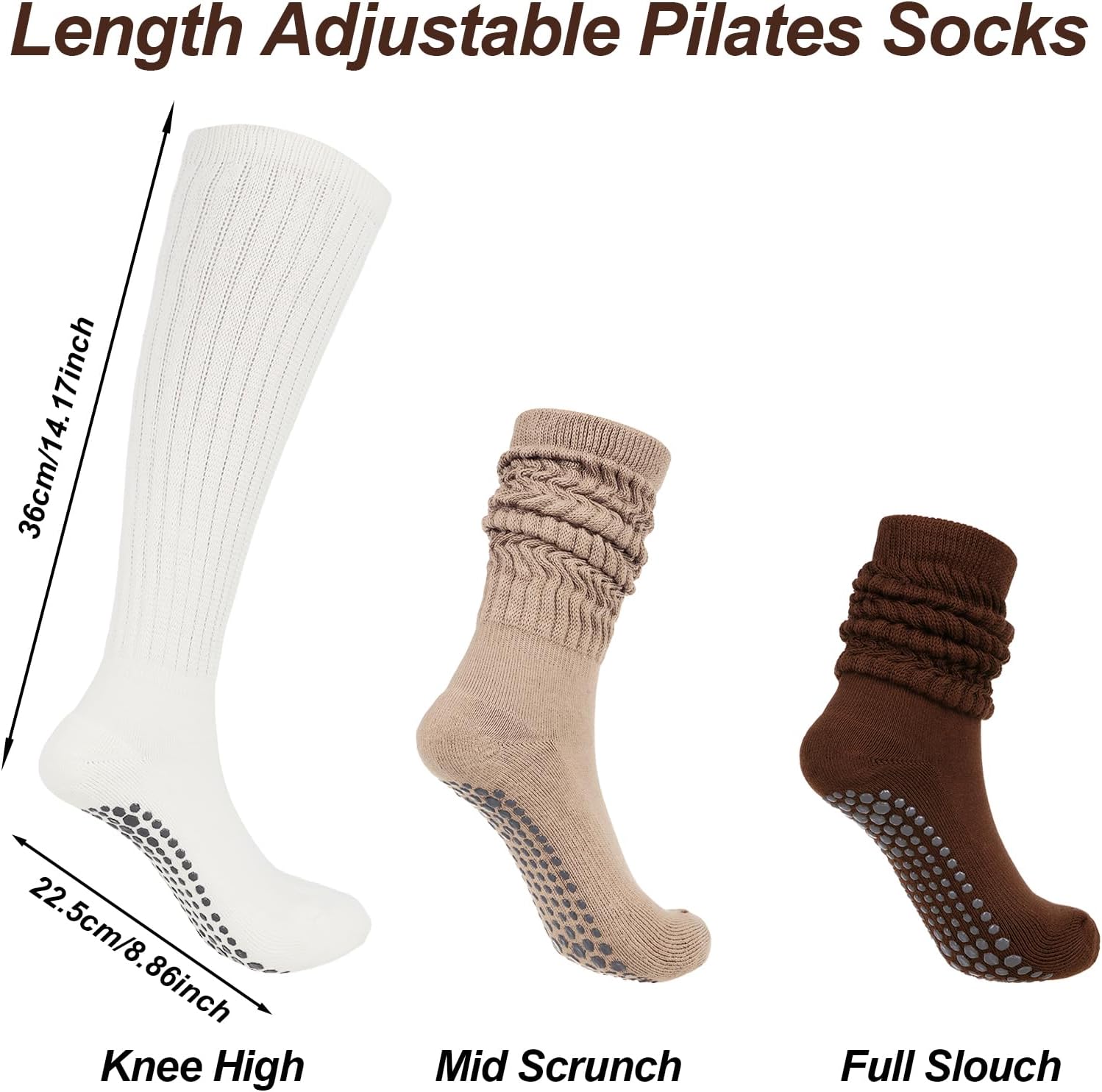 3 Pairs Pilates Socks with Grips for Women, Women Long Slouch Scrunch Socks Non Slip Yoga Slipper Sock - Image 3