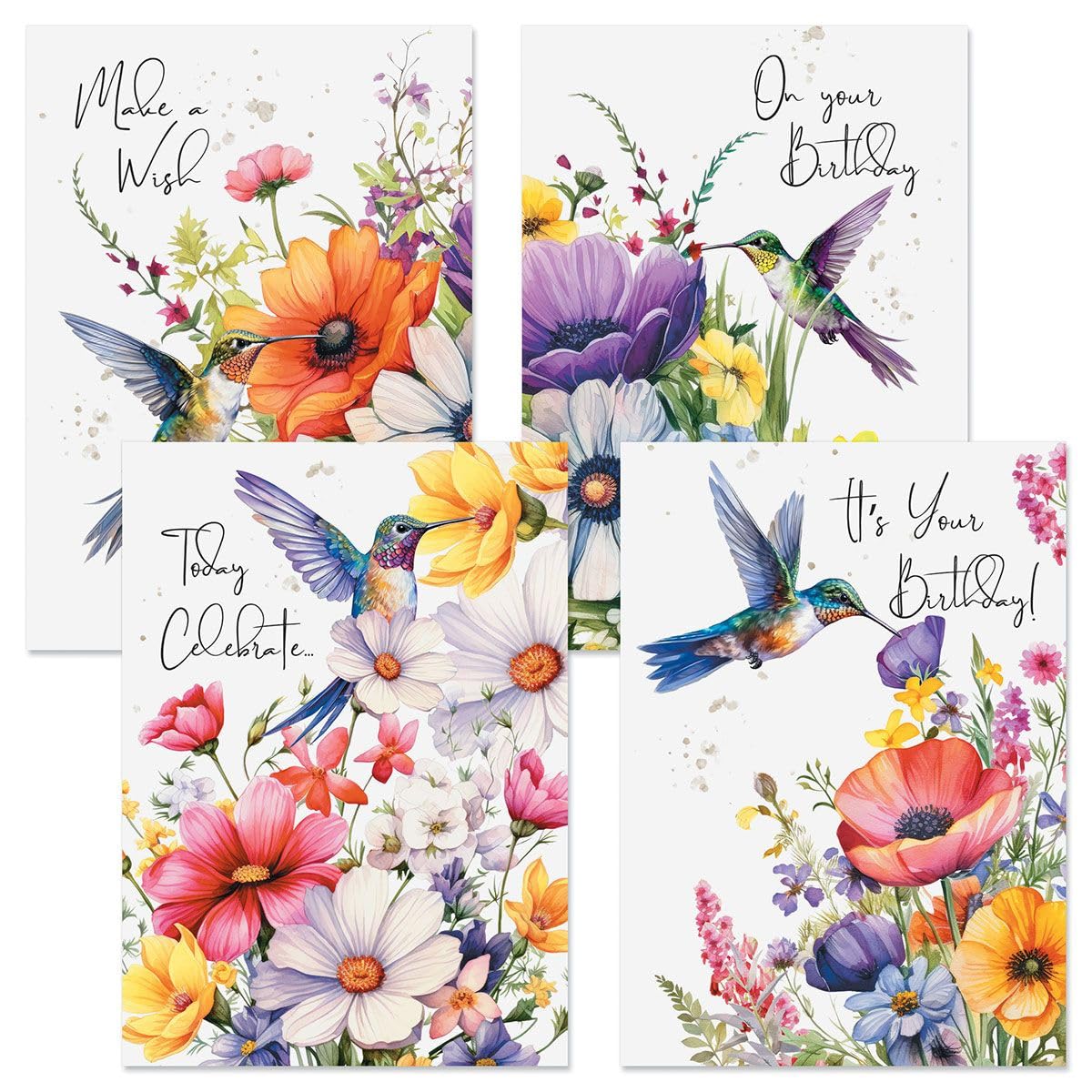 Current Watercolor Floral Birthday Greeting Cards Value Pack - Set of 8, Single Design, Large 5 x 7 Inch Cards, Sentiments Inside, Envelopes Included