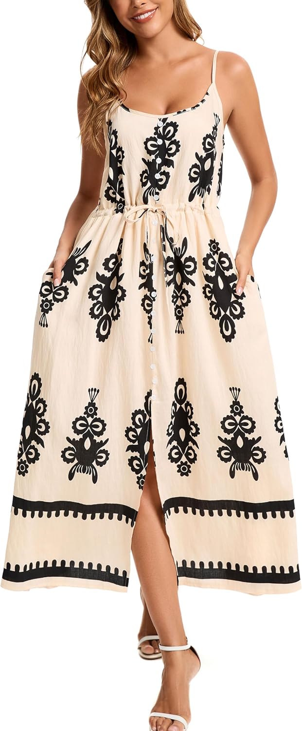 Kormei Women Summer Beach Dress Casual Boho Floral Sundress Spaghetti Strap Flowy Maxi Dresses with Pockets - Image 3