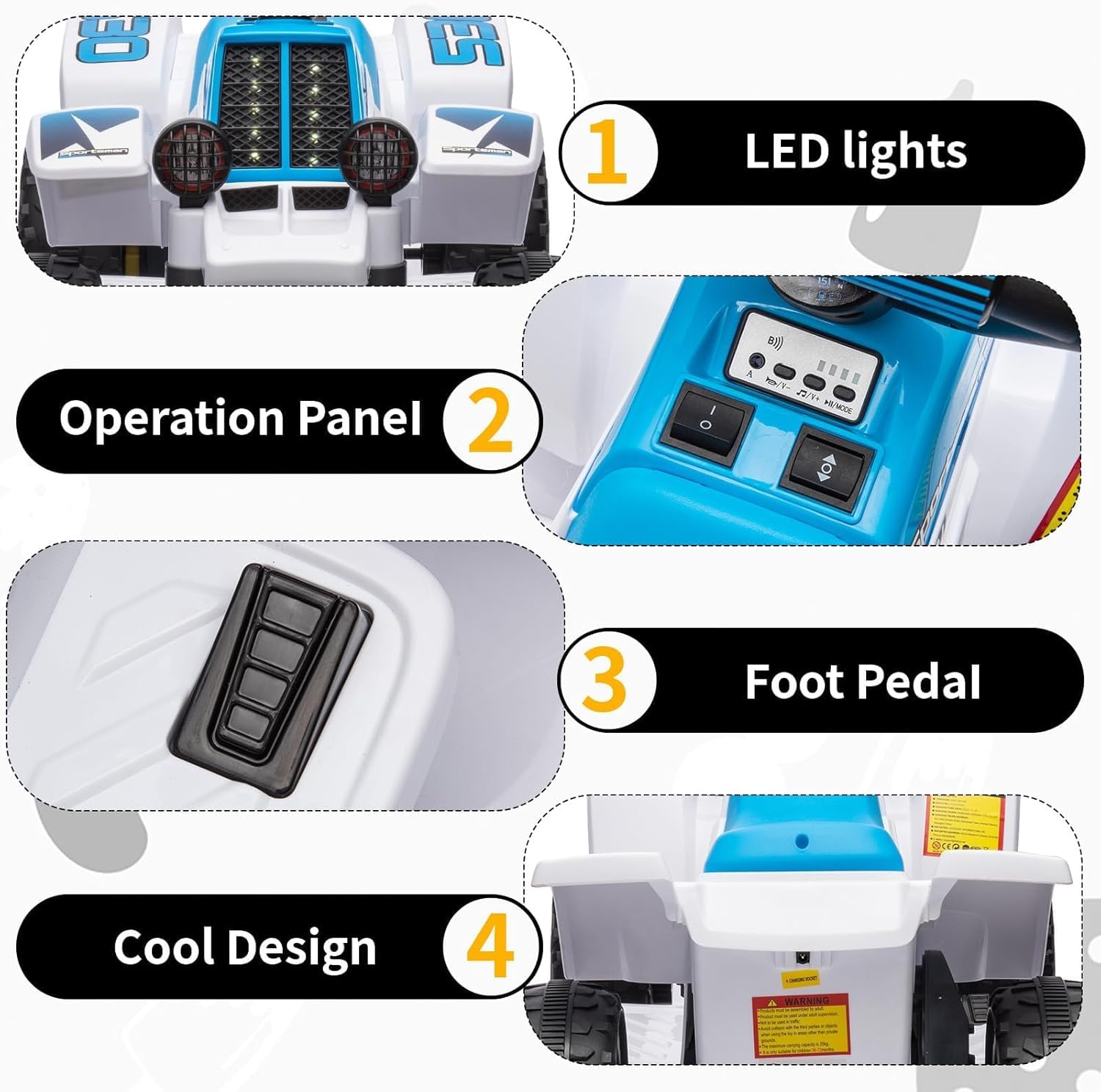 6V Elektro-Quad Kinderfahrzeug mit LED, Musik & Hupe – 1,8 km/h – Vorwärts-/Rückwärtsgang – EIN-Knopf-Start – Lange Akkulaufzeit – Für Kinder ab 3 Jahren – Indoor & Outdoor – Farbe: