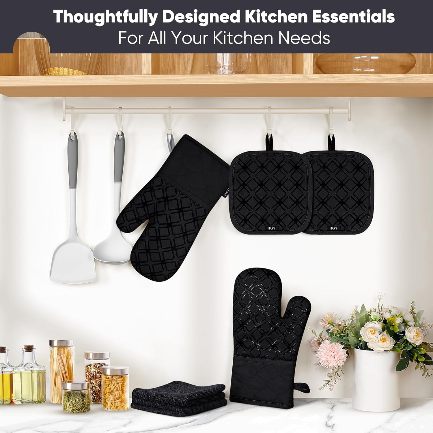 Oven Mitts and Pot Holders Set with Dishcloths, 500 Degree Heat Resistant Oven Gloves and Hot Pads, Premium Soft Cotton Kitchen Mittens and Dish Cloth Sets-Black - Image 7