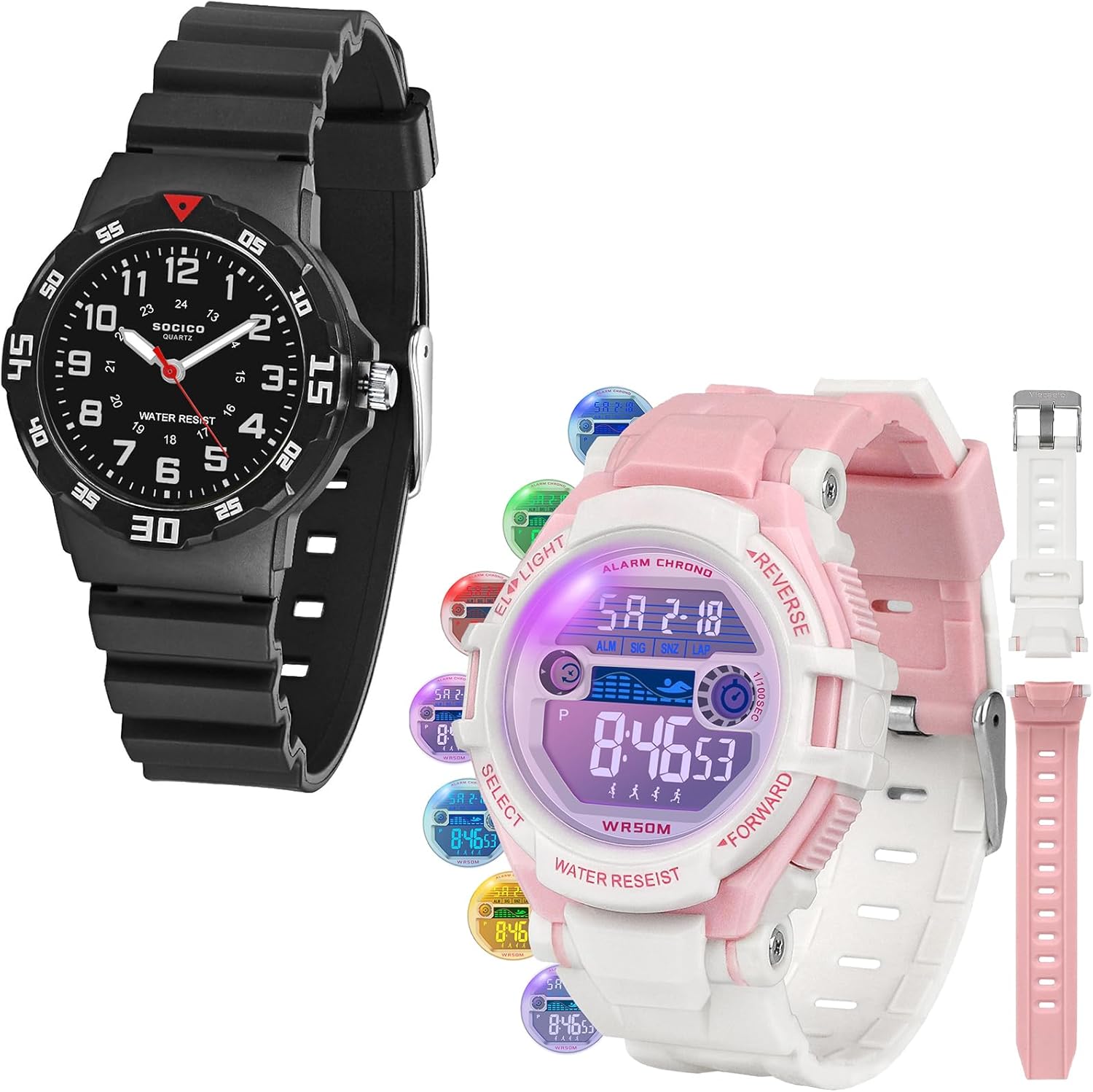 SOCICO Kids Analog and Digital Watches for Boys Teen Girls, 7 Color Lights Waterproof Sports Watch for Kids with Stopwatch Alarm and Analog Watch, Great Present for Girls Ages 5-18 Teenagers