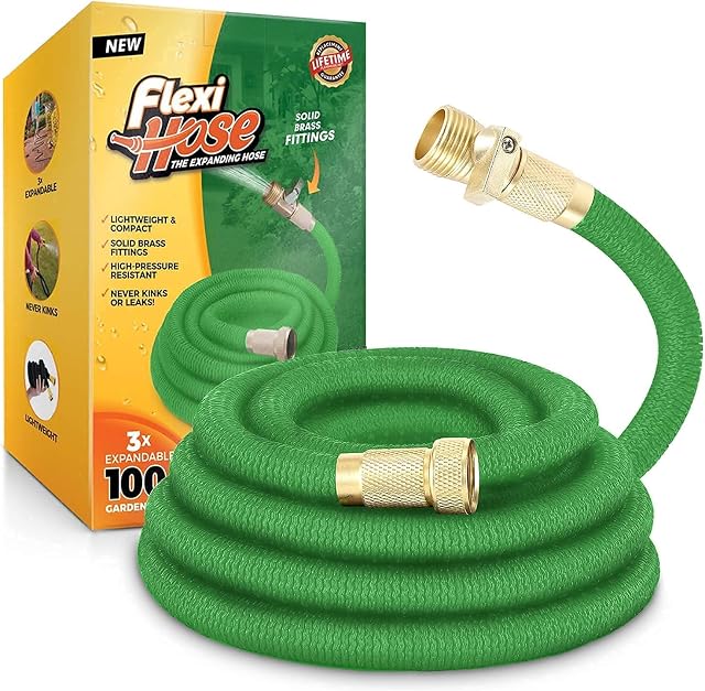Flexi Hose Expandable Garden Hose, Lightweight & No-Kink Flexible Garden Hose, 3/4 inch Solid Brass Fittings and Double Latex Core, 100 ft Green