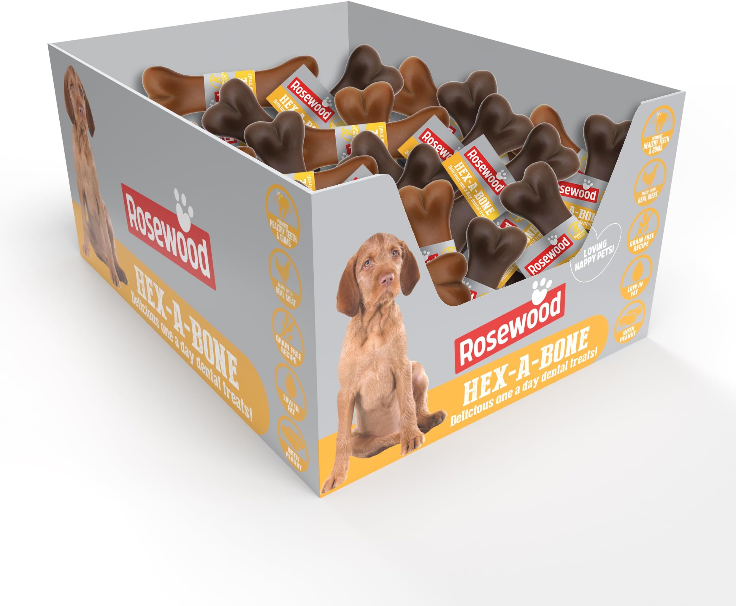Hex-A-Bone Dental Treats for Dogs - Box of 40 Bone Shaped Dental Chews, Made with Real Meat and Peanut, Low Fat, Grain Free, Delicious Daily Dog Treats (40 x 54g)