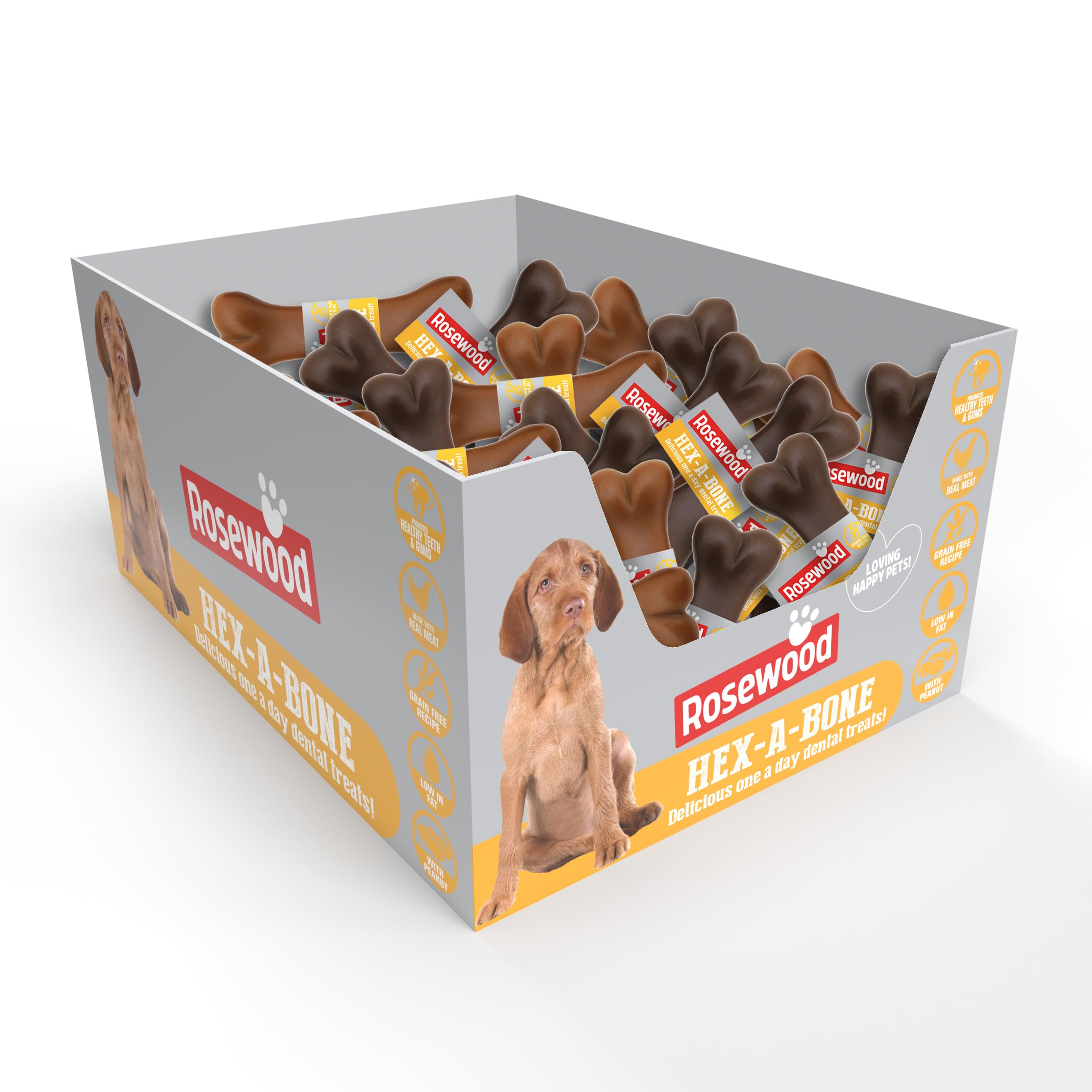 Hex-A-Bone Dental Treats for Dogs - Box of 40 Bone Shaped Dental Chews, Made with Real Meat and Peanut, Low Fat, Grain Free, Delicious Daily Dog Treats (40 x 54g)