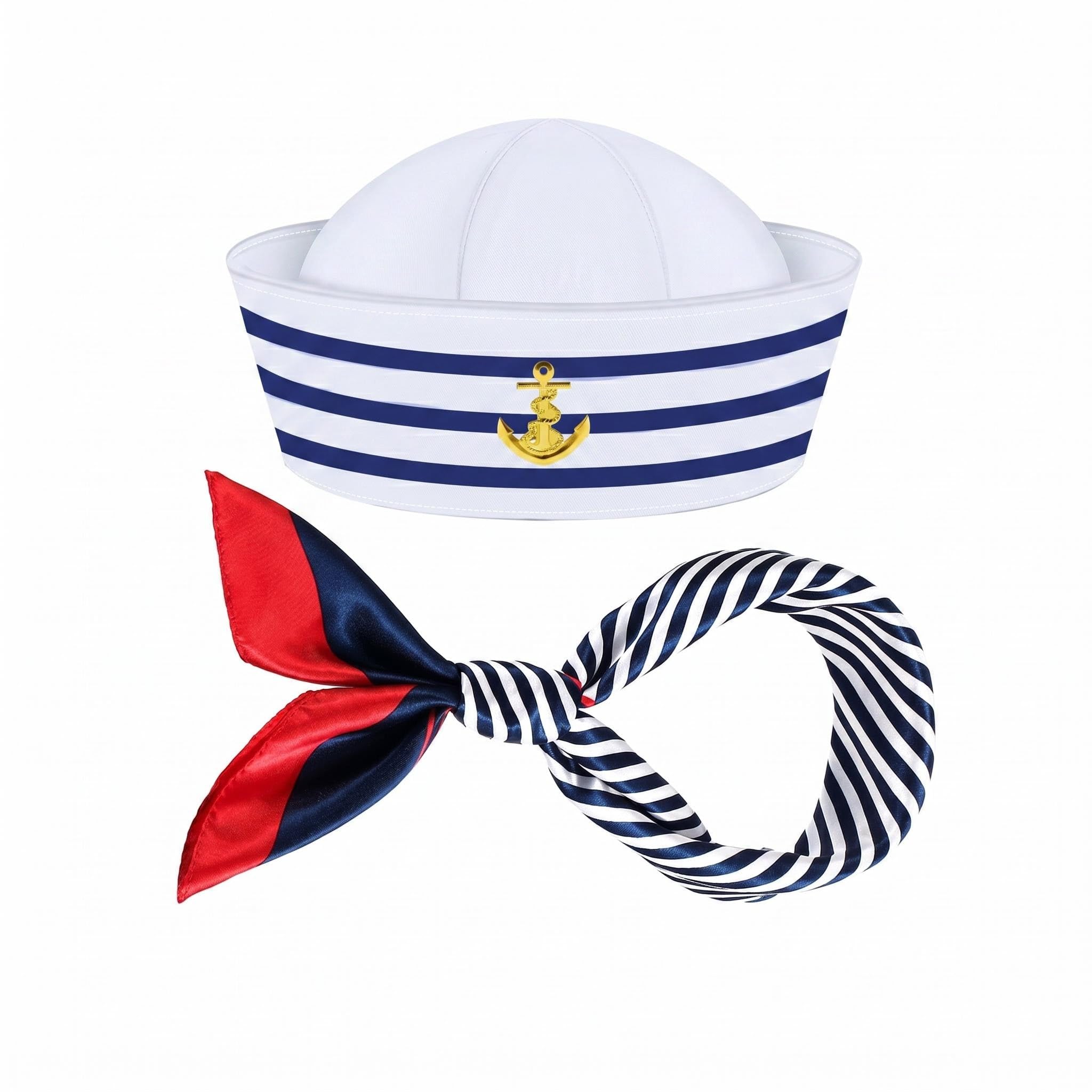 Sailor Hat, Sailor Hats & Sailors Hat, Adjustable Navy Captain Hat with Striped Scarf Set, Nautical Costume Accessories for Cosplay, Themed Parties, Lightweight & Comfortable, Blue White Red