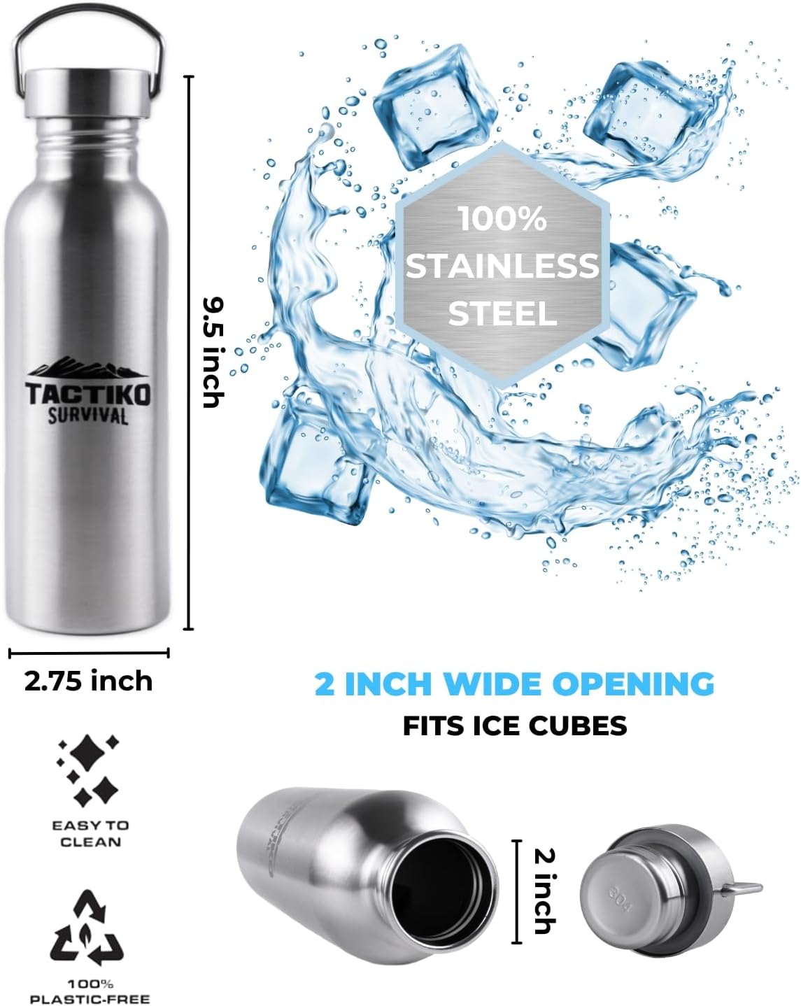 Tactiko Survival 25 oz/750 ml Stainless Steel Wide Mouth Water Bottle, Single Wall Boil-Safe, Leakproof, BPA-Free with Carry Sleeve and Strap for Camping, Hiking, Outdoor Prep (Black) - Image 7