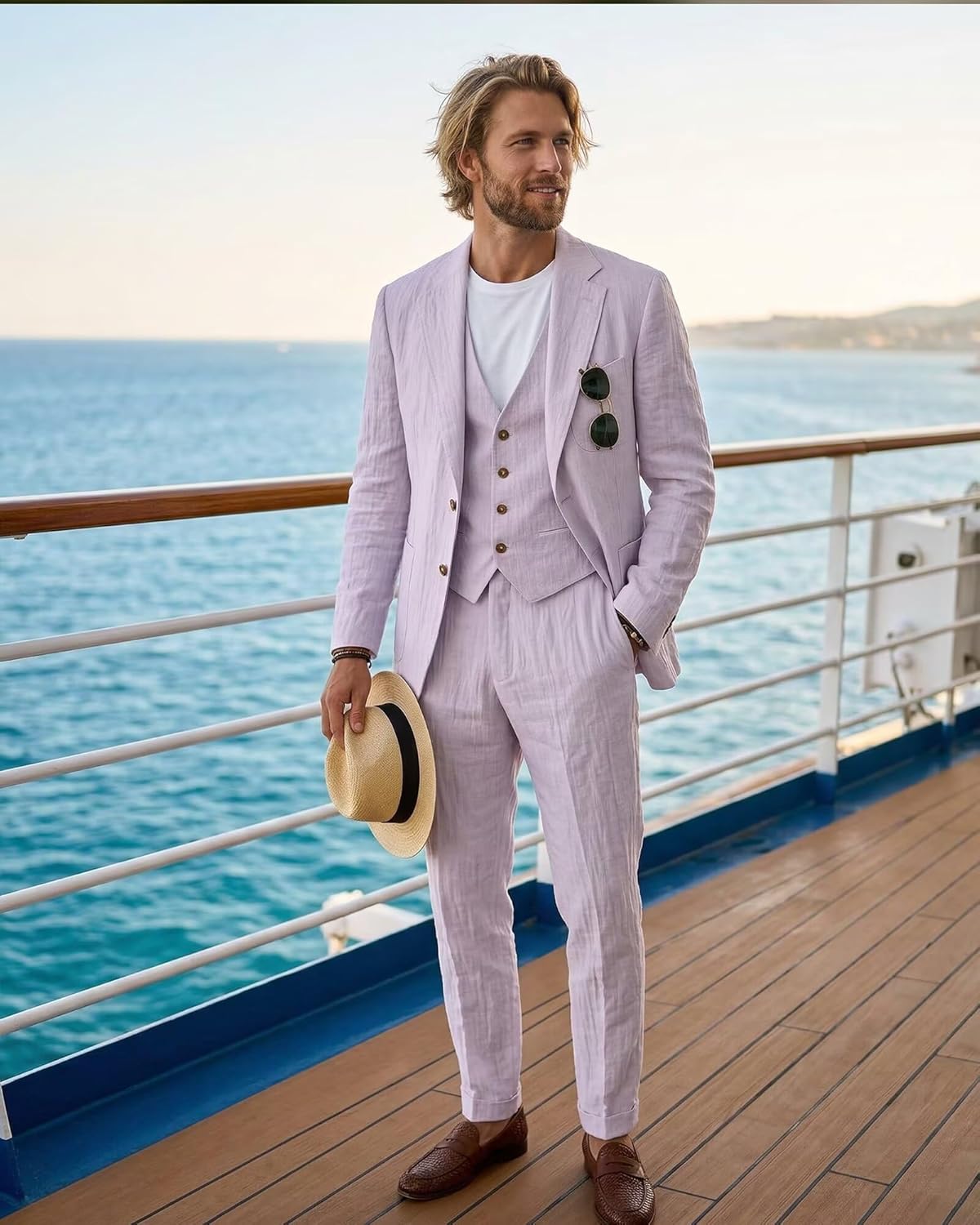 Linen Mens Suit 3 Piece Slim Fit Lightweight Linen Suits Sets Blazer Jackets Vest Pants Summer Casual Travel Tuxedo for Men