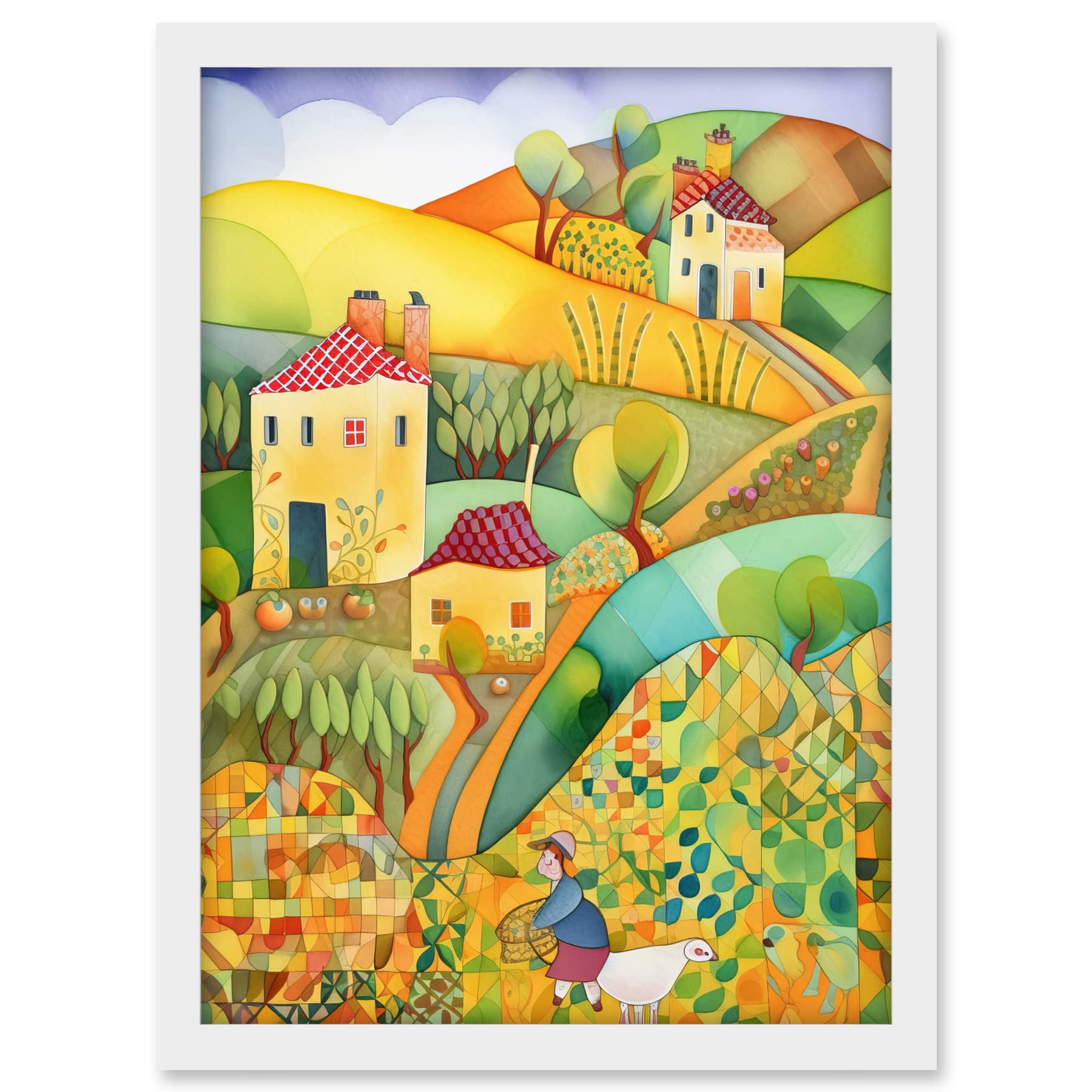 Artery8 Countryside Farming Folk Art Watercolour Painting Artwork Framed A3 Wall Art Print